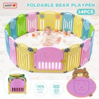 ABST 14 Sided Panel Kids Baby Playpen Interactive Baby Room Foldable Safety Gates Bear Design