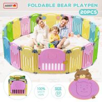 ABST 20 Sided Panel Kids Baby Playpen Interactive Baby Room Foldable Safety Gates Bear Design