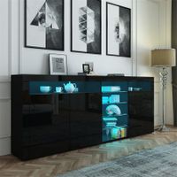 180cm Black Buffet Sideboard Modern 3 Doors Cabinet Storage Cupboard Gloss Front Table w/RGB LED