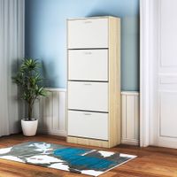 60 Pairs Wooden Shoe Cabinet Organiser Rack Storage Cupboard Shelf 4 Doors White Front Oak Body