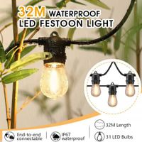 32M LED String Lights Weatherproof Outdoor Festoon Bulbs w/31 Bulbs
