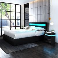 Double PU Leather Gas Lift Storage Bed Frame Wood Bedroom Furniture w/LED Light - Black