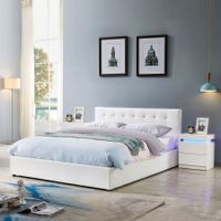 King Size Bed Frame PU Leather Gas Lift Storage Bed Base Wood Furniture - White