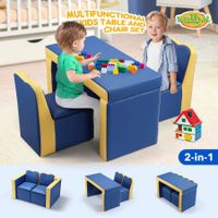 Kidbot 2in1 Kids Sofa 3 Piece Table and Chair Set with Storage Space Blue