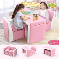 Kidbot 2in1 Kids Sofa 3 Piece Table and Chair Set with Storage Space Pink