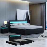 New Queen Size PU Leather Bed Frame with 4 Drawers LED Lights Black