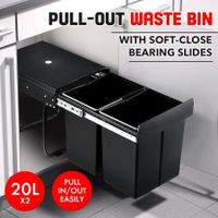 2x 20L Pull Out Trash Bin Kitchen Garbage Waste Basket Under Sink Rubbish w/ Soft-Close Slides