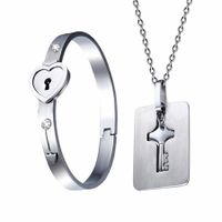 Couple Jewelry Key Necklace and Lock Bracelet, Love Heart Bangle Gift Set Pendant Titanium Alloy Only You Have My Key
