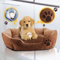 Soft Round Faux Suede Medium M Pet Bed with Paw Print Design - Brown