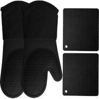 Silicone Oven Mitts and Pot Holders, 4-Piece Set, Heavy Duty Cooking Gloves, Kitchen Counter Safe Trivet Mats (Black)