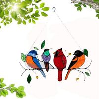 Multicolor Birds on a Wire High Stained Glass Suncatcher Window Panel, Bird Series Ornaments Pendant Home Decoration, Gifts for Bird Lover for Garden Home (4birds)