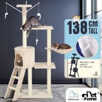 138cm Cat Gym Scratching Post Tree Cat Tower House Furniture w/ Cat Condo Hanging Toys Ladder