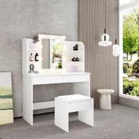 White Dressing Table Makeup Vanity Table Stool Set with Drawers and Lighted Mirror