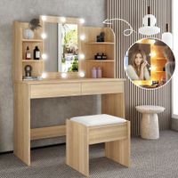 Classic Oak Dressing Table Makeup Vanity Table Stool Set w/ LED Lighted Mirror Drawers