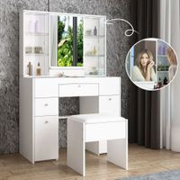 Wooden Makeup Vanity Table Mirror Dressing Table Stool Set with Drawers