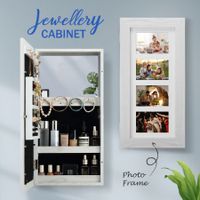 Mirrored Lockable Wall Hanging Jewellery Cabinet Organizer Earrings Necklace Holder with Photo Frames-White