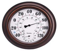 Indoor Outdoor Thermometer Wireless - Wall Thermometer Hygrometer with Stainless Steel Enclosure for Patio, Wall or Decorative, No Battery Required Hanging Hygrometer Round 8" in Diameter (Bronze)