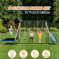 Kid Swing Slide Set Outdoor Playground Playset Equipment Child Backyard 6 Station with Trampoline