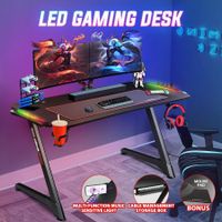 Large Z Shaped Gaming Desk Computer Home Office Writing Desk Racer Table with RGB LED Lights Carbon Fiber Tabletop Black
