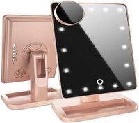 Lighted Makeup Mirror, Vanity Mirror with Bluetooth. Adjustable Brightness, Detachable 10X Magnification Spot Mirror, Rechargeable by Beautify Beauties (Rose Gold)