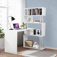Home Office Computer Desk Corner Table W/ Hutch 4 Tier Bookshelf Storage L-Shaped Rotating Table White