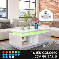 Coffee Table 2 Drawers Storage Cabinet High Gloss 16 LED Colour Lighted Furniture Modern White