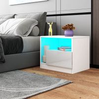 White Bedside Table Modern LED End Nightstand with 1 Drawer Open Shelf High Gloss Front