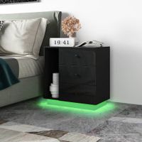 Wooden Bedside Table LED End Nightstand with 3 Drawers Open Shelf High Gloss Front Black
