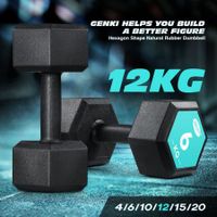 2 x Genki Hex Dumbbell Barbell Set 6kg Rubber Encased Fitness Home Gym with Chromed Handle Black