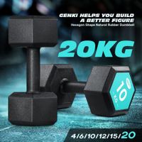 2 x Genki Hex Dumbbell Barbell Set 10kg Rubber Encased Fitness Home Gym with Chromed Handle Black