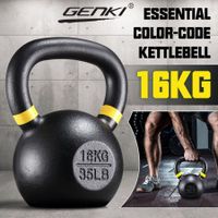 Genki 16kg Kettlebell Barbell Cast Iron Fitness Home Gym Workout with Wide Grip Colour Coded Black