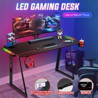 Large Gaming Desk Computer Home Office Writing Racer Table with RGB LED Lights Carbon fibre Tabletop 140cm