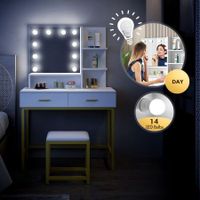 Maxkon Dressing Table Vanity Makeup Desk 10 LED Lighted Mirror with Stool 2 Drawers Shelves White