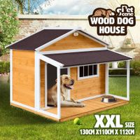 Petscene Dog Kennel XXL Wooden Pet House with Door Porch Raised Floor Plastic Curtains