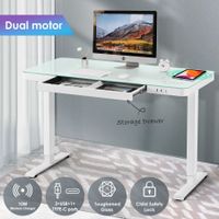 Electric Standing Computer Desk Motorized Table Height Adjustable Dual Motor Wireless Charger Glass Top Light Bluish Green