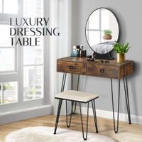 Vanity Table and Stool Set Makeup Dressing Table with Cushioned Chair Round Mirror 2 Large Drawers, Oak