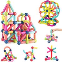 64Pcs Magnetic Balls and Rods Building Sticks Blocks Set Vibrant Colors Different Sizes Curved Shapes Children Educational Stacking STEM Magnet Toys