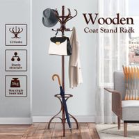 Freestanding Coat Rack 12 Hooks Wood Hall Tree Hanger for Clothes, Hat, Jacket, Umbrella