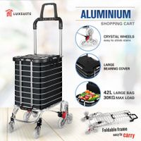 Foldable Shopping Trolley Bag Grocery Cart Waterproof Basket 4 Stair Climbing Wheels Black