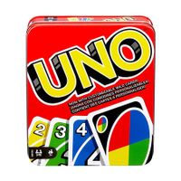 UNO Family Card Game with 108 Cards in a Sturdy, Travel-Friendly Storage Tin for Kids Ages 7 and Up