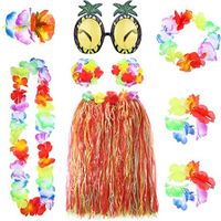 8 Pieces Hawaiian Grass Hula Skirt Set, Necklace Bracelets Bikini Top - Mixed Color Skirt