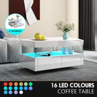 White Coffee Table Rectangle Modern with 2 Drawers High Gloss 16 LED Colours Living Room Storage Furniture