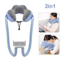 2-in-1 U-Shaped Neck Pillow With Gooseneck Tablet Phone Holder, Memory Foam Nap Pillow with Flexible Phone Reading Holder Color Blue