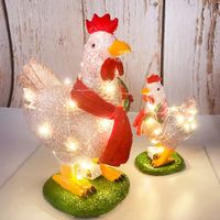 Creative 3D Light Up Chicken with Scarf Lawn Ornament with LED Lights Rooster Resin Sculpture(1Pack)