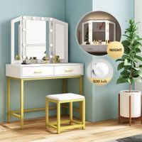 Maxkon Vanity Dressing Table Makeup Desk Set with 10 LED Lighted Mirror Stool 2 Drawers White