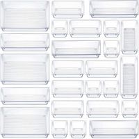 25 PCS Clear Plastic Drawer Organizers Set,4-Size Versatile Bathroom and Vanity Drawer Organizer Trays, Storage Bins for Makeup, Jewelries, Kitchen Utensils and Office