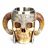 Viking Skull Mug, Valhalla Warrior Tankard Stainless Steel Double Handle 600ml Mug for Men Women