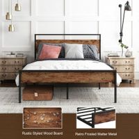 Queen Size Bed Frame Base Platform with Wooden Headboard Metal Slats Under Bed Storage