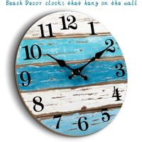 Beach Themed Blue Wall Clock Battery Operated Silent Non-Slip Vintage Round Rustic Coastal Nautical Decorative Clock