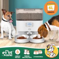 Auto Pet Cat Feeder Dog Automatic Dual Bowls Timed Food Dispenser 6L with Voice Recorder Petscene White